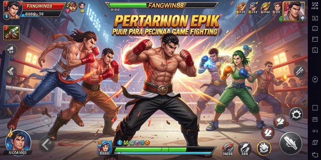 Screenshot utama FANGWIN88 menampilkan karakter bertarung dengan grafis memukau.