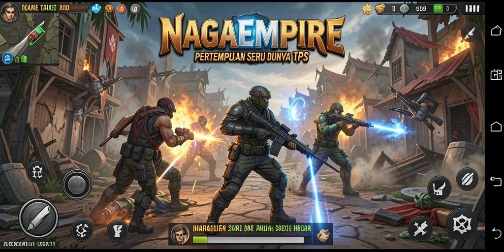 Screenshot gameplay seru NAGAEMPIRE dengan aksi tembak-menembak.