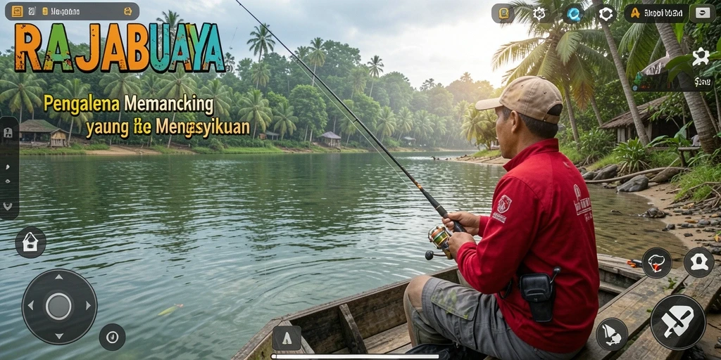 Screenshot RAJABUAYA menampilkan pemain yang beraksi saat memancing dengan pemandangan indah.
